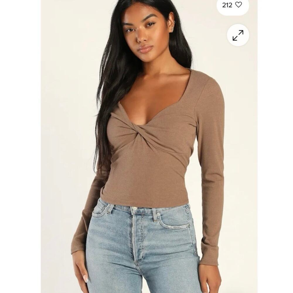 Lulus Modern Image Brown Ribbed Long Sleeve Twist-Front Top size XS